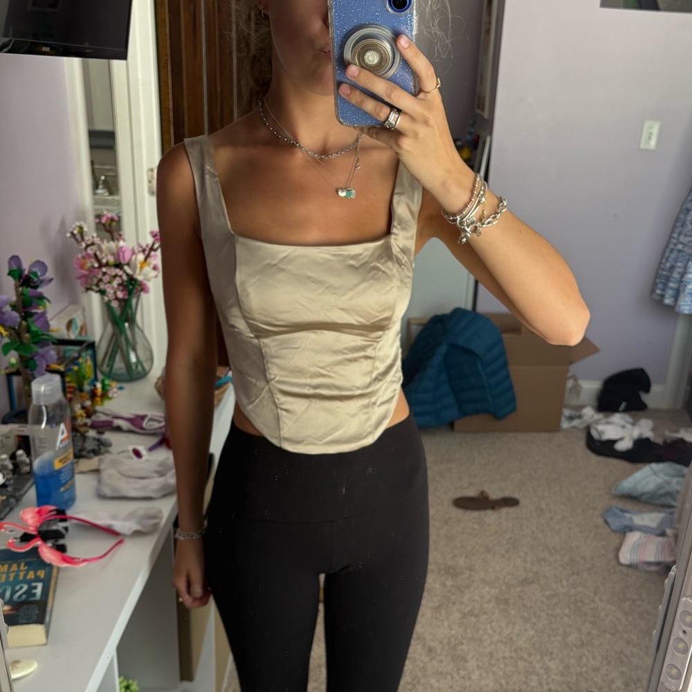Satin Square-Neck Crop Top in Beige